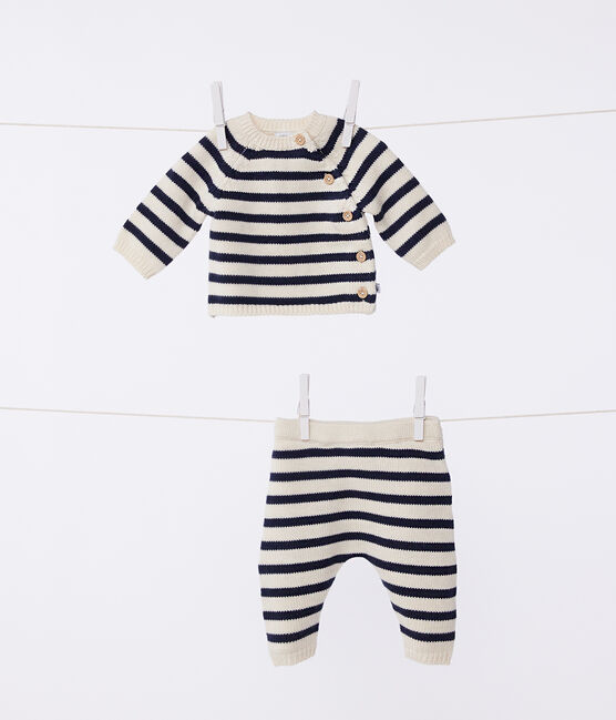 Ensemble en tricot laine et coton rayure marinière bébé blanc AVALANCHE/bleu SMOKING
