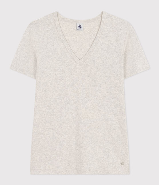 Tee-shirt l'Iconique col V en coton uni femme gris BELUGA CHINE