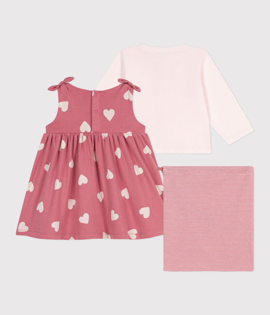Ensemble bébé deux pièces en coton, cardigan uni et robe imprimée rose ROSEWOOD/ MULTICO