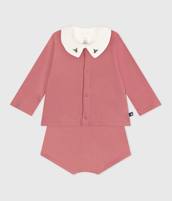 Ensemble naissance trois pièces en coton et t-shirt à col brodé rose ROSEWOOD/ MULTICO